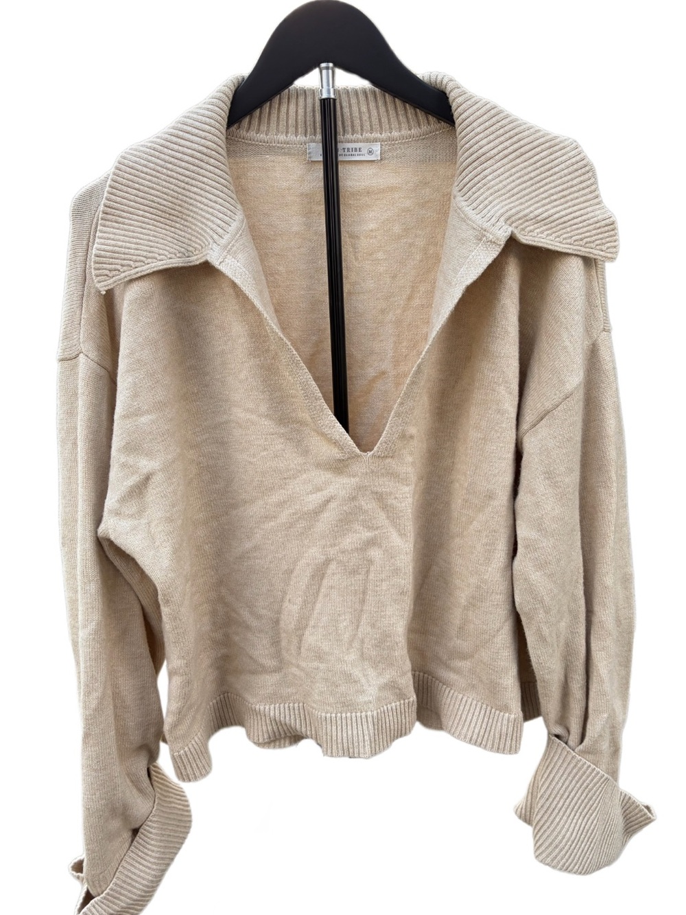 12th Tribe Relaxed Collared V-Neck Sweater | M | Beige